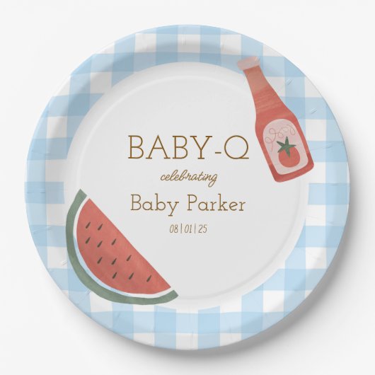 Blaue Gingham Baby-Q Runde Platte Pappteller (Vorderseite)