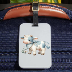 Blaue Gingham-Babykuh Pastell-Farm-Ästhetik Gepäckanhänger