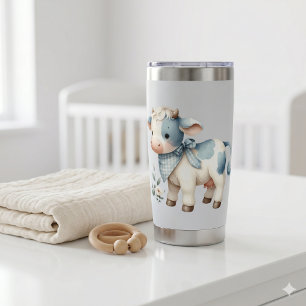 Blaue Gingham-Babykuh Pastell-Farm-Ästhetik Thermobecher