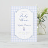 Blaue Gingham-Babyparty Einladung (Stehend Vorderseite)