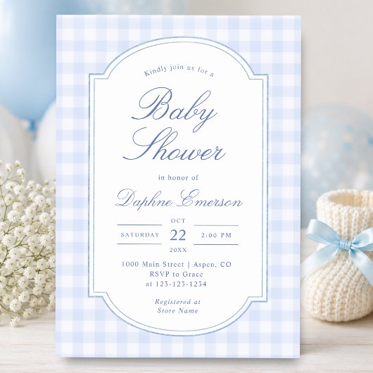 Blaue Gingham-Babyparty Einladung