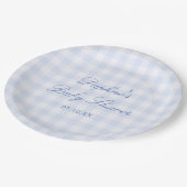 Blaue Gingham-Babyparty Pappteller (Schrägansicht)