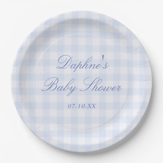 Blaue Gingham-Babyparty Pappteller (Vorderseite)