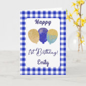 Blaue Gingham-Balloons Kinder Geburtstagsgruß Karte (Gelbe Blume)