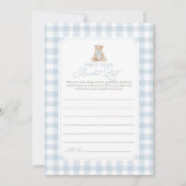 Blaue Gingham-Bär-Baby-Erstjahres-Bucket-Liste Einladung (Vorderseite)