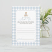 Blaue Gingham-Bär-Baby-Erstjahres-Bucket-Liste Einladung (Stehend Vorderseite)