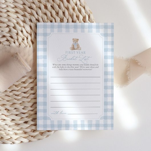 Blaue Gingham-Bär-Baby-Erstjahres-Bucket-Liste Einladung