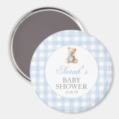 Blaue Gingham-Bär-Baby-Party Magnet (Vorderseite/Rückseite)