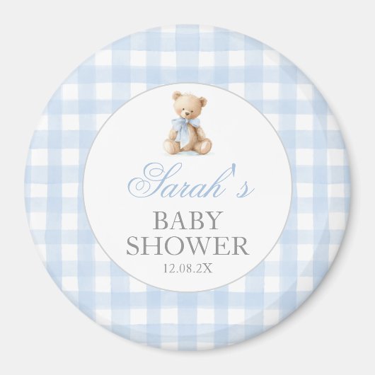 Blaue Gingham-Bär-Baby-Party Magnet (Vorne)
