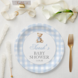 Blaue Gingham-Bär-Baby-Party Pappteller