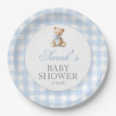 Blaue Gingham-Bär-Baby-Party Pappteller (Vorderseite)