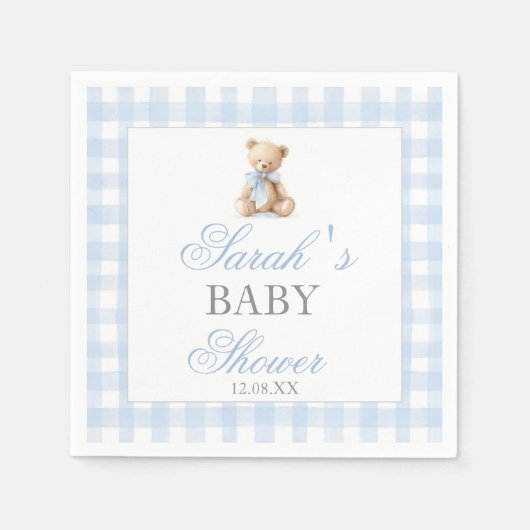 Blaue Gingham-Bär-Baby-Party Serviette (Vorderseite)