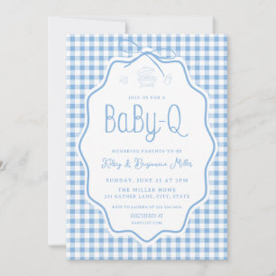 Blaue Gingham-Barbecue-Baby-Q-Einladung zur Babypa Einladung