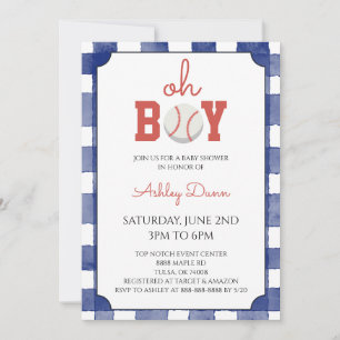 Blaue Gingham-Baseball-Baby-Party Einladung