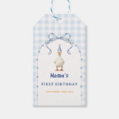 Blaue Gingham-Blumenbogen-Junge-Erstes-Geburtstag Geschenkanhänger (Vorderseite)