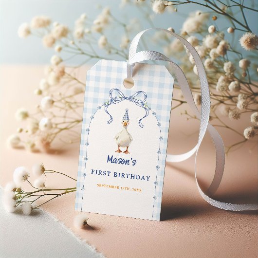 Blaue Gingham-Blumenbogen-Junge-Erstes-Geburtstag Geschenkanhänger