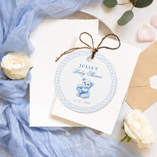 Blaue Gingham-Bogen-Herz-Teddybär-Baby-Party Geschenkanhänger