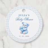 Blaue Gingham-Bogen-Herz-Teddybär-Baby-Party Geschenkanhänger (Vorderseite)