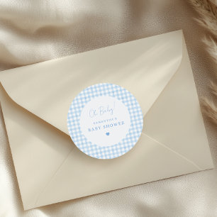 Blaue Gingham Boho Aquarell Jungen Baby Shower Runder Aufkleber