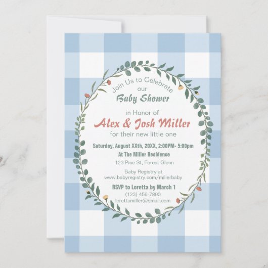 Blaue Gingham-Botanik-Kranz-Baby-Party (Vorderseite)