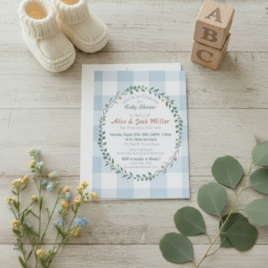 Blaue Gingham-Botanik-Kranz-Baby-Party