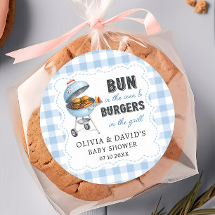 Blaue Gingham-Burger-BBQ-Baby-Shower-Aufkleber Runder Aufkleber