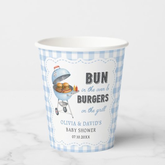 Blaue Gingham-Burger-BBQ-Baby-Shower-Papierbecher Pappbecher (Vorderseite)