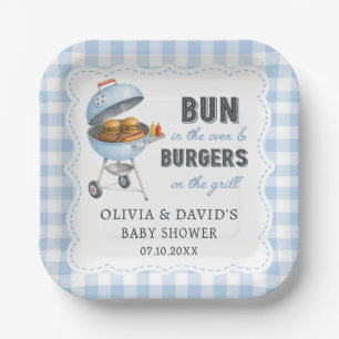 Blaue Gingham-Burger-BBQ-Baby-Shower-Papierteller Pappteller