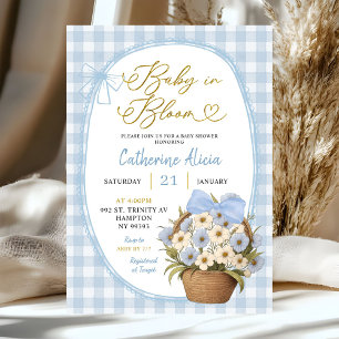Blaue Gingham Coquette Baby in Bloom Babyparty Einladung