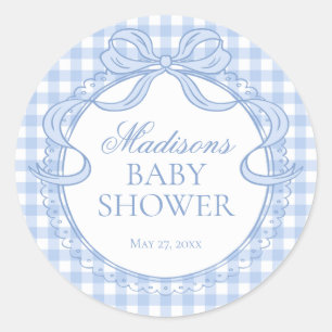 Blaue Gingham Coquette-Bogen-Babyshower-Siegel Runder Aufkleber