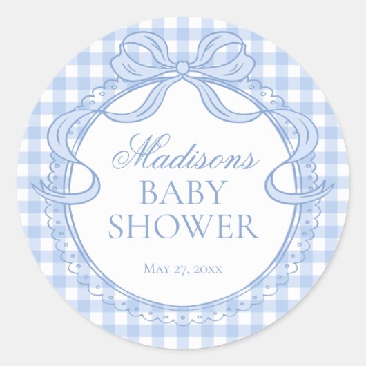 Blaue Gingham Coquette-Bogen-Babyshower-Siegel Runder Aufkleber (Vorderseite)