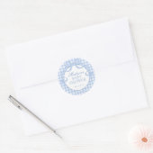 Blaue Gingham Coquette-Bogen-Babyshower-Siegel Runder Aufkleber (Umschlag)