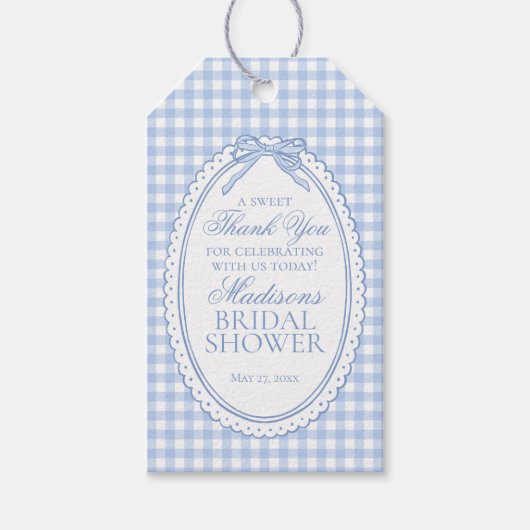 Blaue Gingham Coquette Bogen Hochzeitsdusche Gesch Geschenkanhänger (Vorderseite)