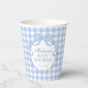 Blaue Gingham Coquette Schleife Baby Shower Pappbecher