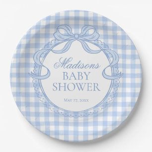 Blaue Gingham Coquette-Schleife Baby Shower Pappteller