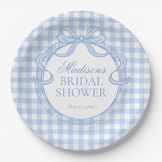 Blaue Gingham Coquette Schleife Brautparty Pappteller (Vorderseite)
