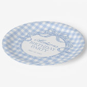 Blaue Gingham Coquette Schleife Geburtstagsfeier Pappteller (Schrägansicht)