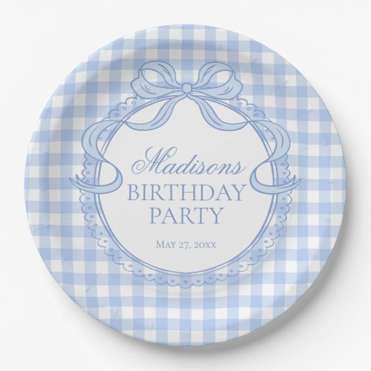 Blaue Gingham Coquette Schleife Geburtstagsfeier Pappteller (Vorderseite)