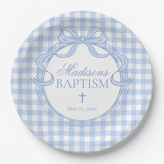 Blaue Gingham Coquette Schleife Taufe Pappteller (Vorderseite)