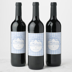 Blaue Gingham Coquette Schleife Taufe Weinetikett
