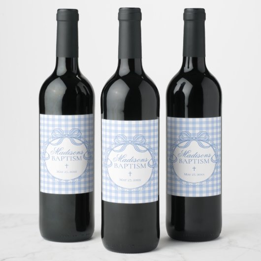 Blaue Gingham Coquette Schleife Taufe Weinetikett (Flaschen)