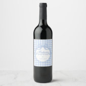 Blaue Gingham Coquette Schleife Taufe Weinetikett (Vorderseite)
