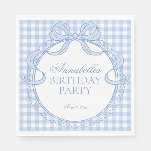Blaue Gingham Coquette Schleifen Geburtstagsfeier Serviette (Vorderseite)