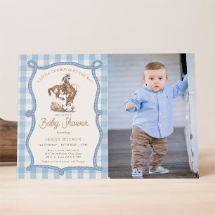 Blaue Gingham-Cowboy-Foto-Baby-Party Einladung