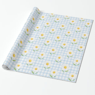 Blaue Gingham-Daisy-Aquarell-Blumen-Geschenkverpac Geschenkpapier