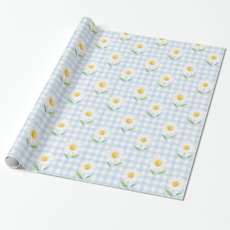 Blaue Gingham-Daisy-Aquarell-Blumen-Geschenkverpac Geschenkpapier