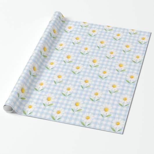 Blaue Gingham-Daisy-Aquarell-Blumen-Geschenkverpac Geschenkpapier (Ungerollt)