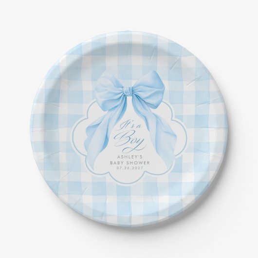 Blaue Gingham Elegante Bogen Baby-Party Pappteller (Vorderseite)
