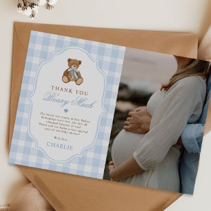 Blaue Gingham Elegante Teddybär-Baby-Party-Foto Dankeskarte