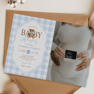 Blaue Gingham Elegante Teddybär-Baby-Shower-Foto Einladung